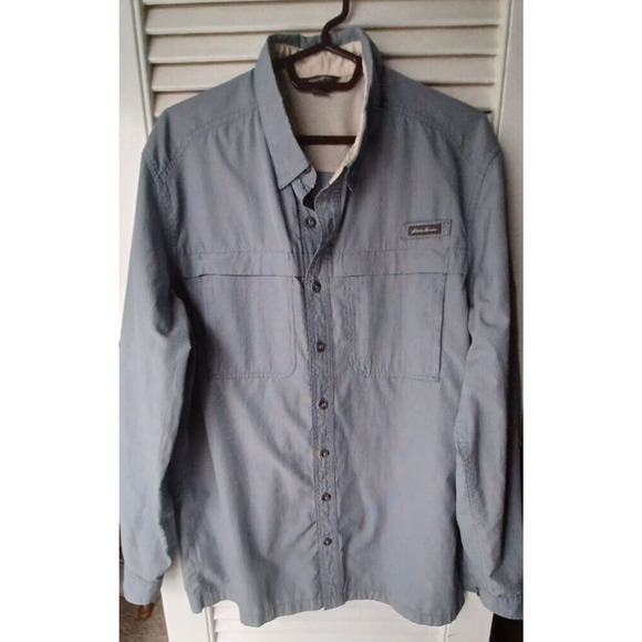 Eddie Bauer Sport Shop Long Sleeve Button Down Fishing Shirt TL Tall Large Gray - Picture 1 of 6